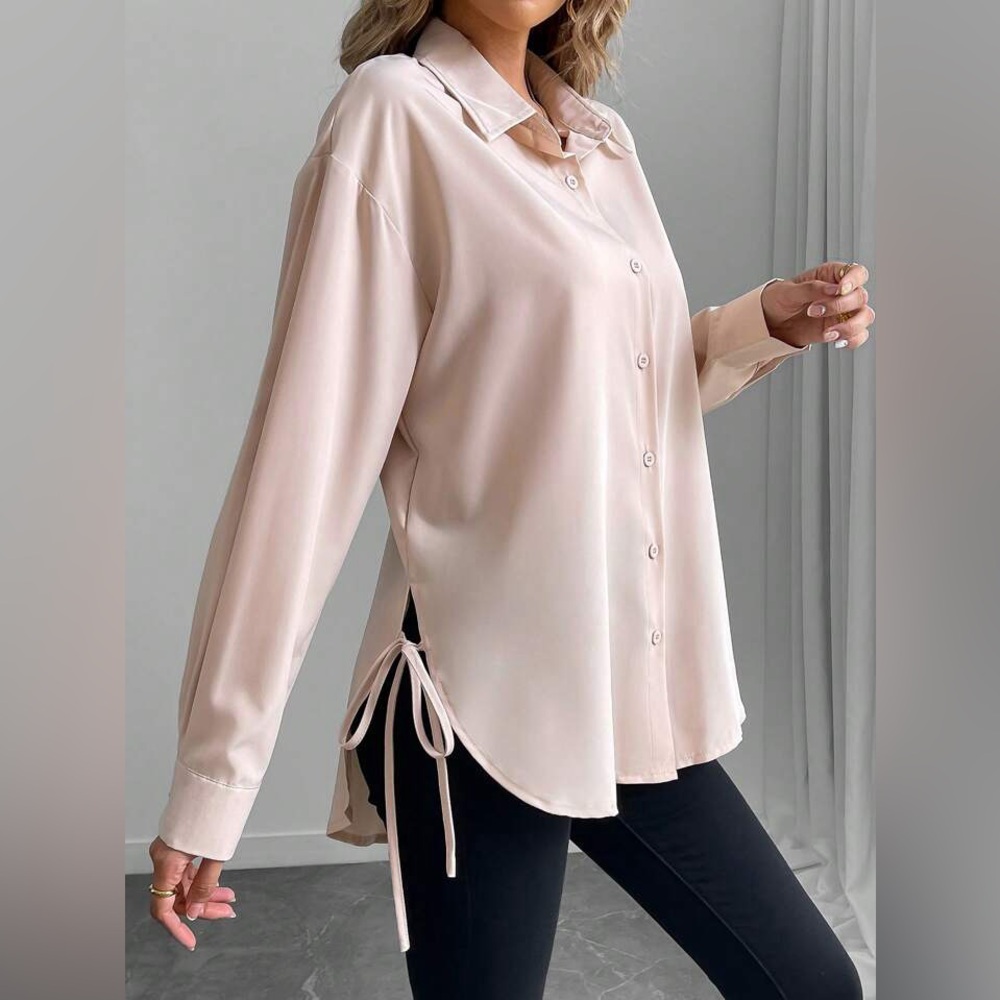 INAWLY Solid Drop Shoulder Split Hem Long Sleeve Shirt